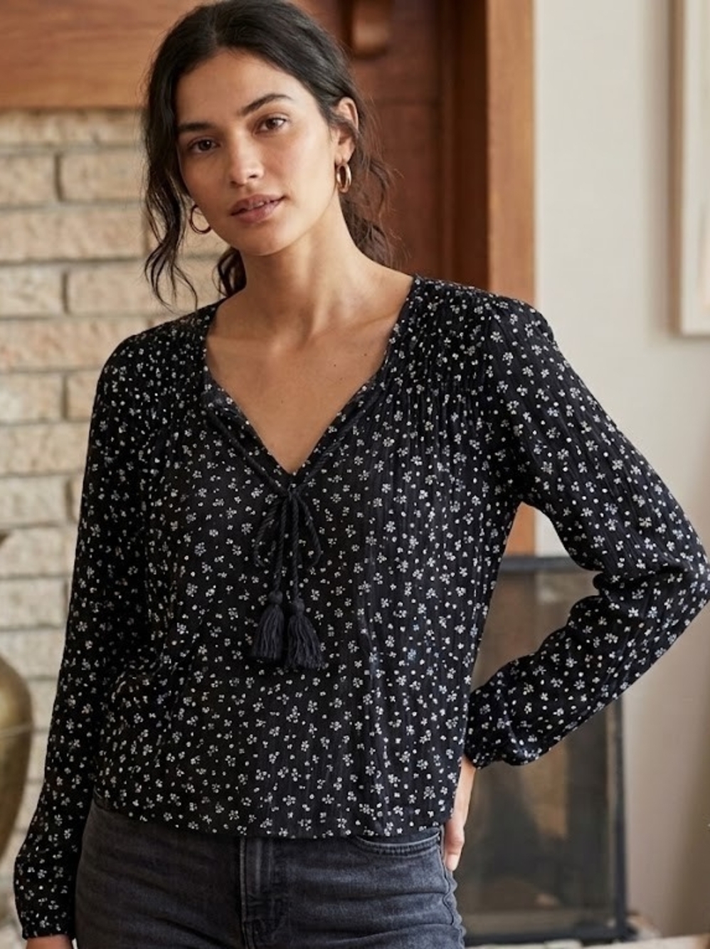 Lucky Brand Black Floral Tie-Detail Peasant Blouse